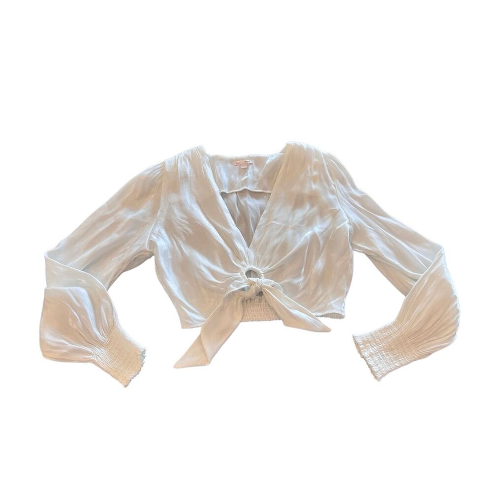 Gianni Bini Women's Satin Long Sleeve V-Neck Cropped Tie-Front Blouse White XL